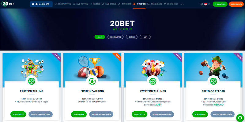 neuer Buchmacher 20Bet Promo-Seite