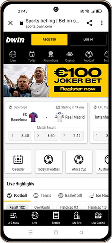 Mobiler Screenshot der bwin Hauptseite