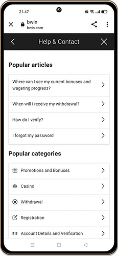 Mobiler Screenshot der bwin Supportseite